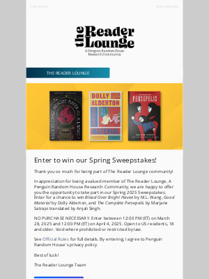 Penguin Random House - Enter to Win our Spring Sweepstakes! 📚