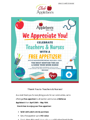 Applebee's - 🎈🎈A Big Thank You to Teachers & Nurses! You Deserve It🎈🎈