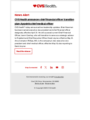CVS Health - News alert: CVS Health announces chief financial officer transition plan; Appoints chief medical officer