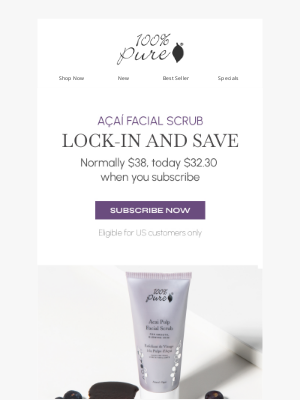 100% PURE - 🫐 24 Hours to Glow Up: Acai Scrub Flash Deal Ends at Midnight!