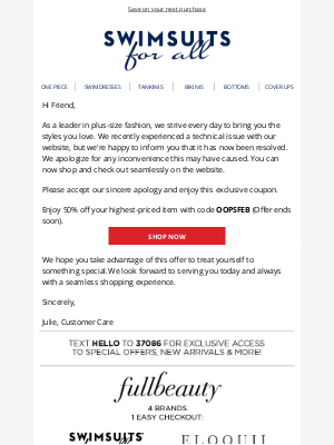 SwimsuitsForAll - OOPS! Sorry about that, Here is Your 50% off