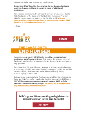 Feeding America - Billions of $ in SNAP benefits are expiring—Congress needs to act!
