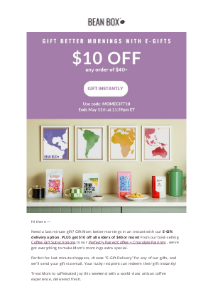 BeanBox - It's not too late with E-Gifts + $10 OFF 💐