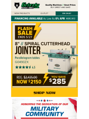 Grizzly Industrial Inc. - ⚡Flash Sale: $285 Off Spiral Cutterhead Jointers