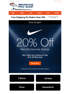 Denver Broncos - Last Day To Save 20% On Nike + Free Shipping!