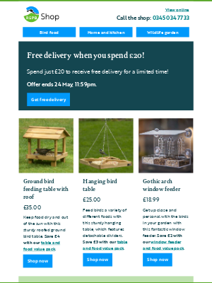 RSPB - Free delivery when you spend £20, for a limited time!