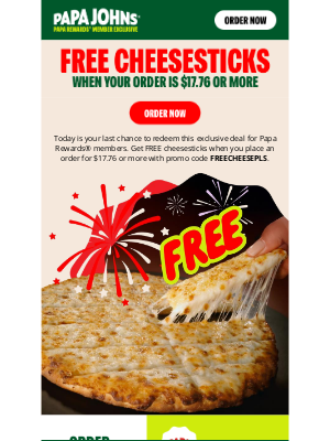 Papa John's - Fireworks ☑️ FREE cheesesticks 🔜