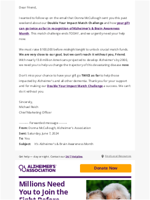 Alzheimer’s Association - Following up on a previous email...