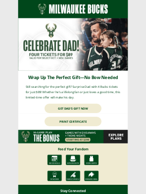 Milwaukee Bucks - Get Dad's Gift Before Sunday: 4 Tickets For $89