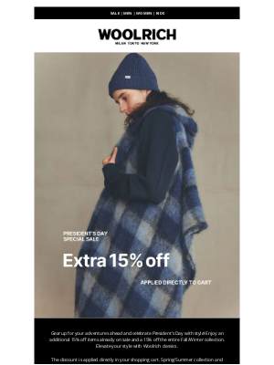 Woolrich - Get extra 15% off for President's Day