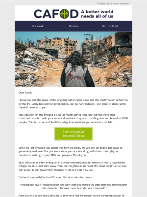 CAFOD (Catholic Agency for Overseas Development) (United Kingdom) - Gaza update: See how you're helping, Frank