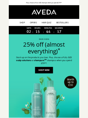 Aveda (United Kingdom) - Time’s ticking on 25% off (almost everything)