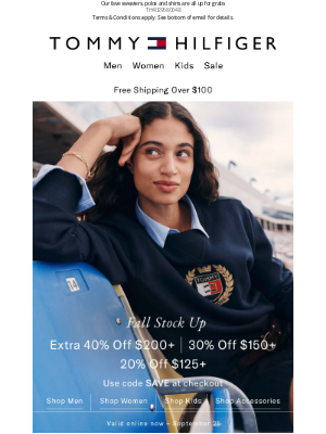 Tommy Hilfiger - Fall Stock Up: Extra 40% off $200+ | 30% off $150+ | 20% off $125+