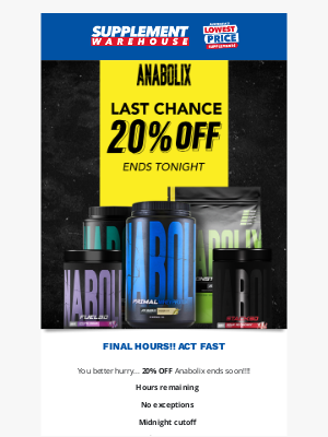 Supplement Warehouse (Australia) - FINAL HOURS 🚨 20% Off Anabolix Is Ending