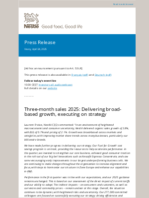Nestle - Three-month sales 2025: Delivering broad-based growth, executing on strategy
