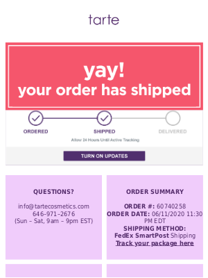 Shipping confirmation email template from tarte