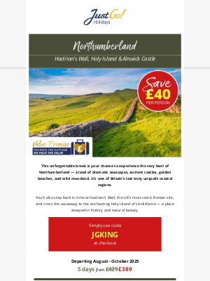 Just Go! Holidays (United Kingdom) - SAVE £40pp! Explore Northumberland's legends & landscapes