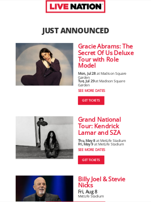 Live Nation - Your Upcoming Concert Lineup: Gracie Abrams, Kendrick Lamar, Billy Joel