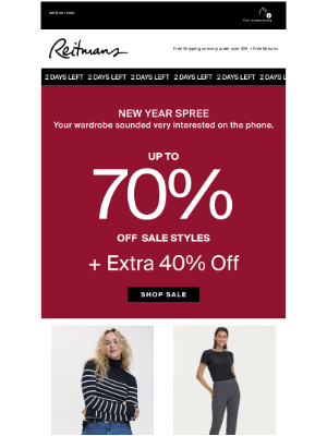 Reitmans (Canada) - Up to 70% off + EXTRA 40% is happening NOW!