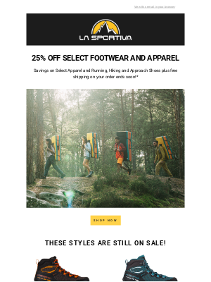 La Sportiva - 25% off Select Footwear and Apparel ends soon!
