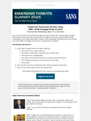 SANS Institute - Next Wednesday: SANS Emerging Threats Summit | Register for Free
