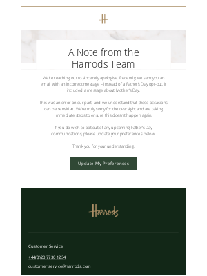 Harrods (United Kingdom) - Father’s Day opt-out – our sincere apologies