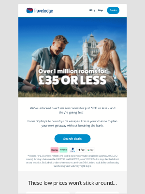 Travelodge (United Kingdom) - You've earned a good night's sleep...  Grab a stay in 1 MILLION+ rooms for less than £35!