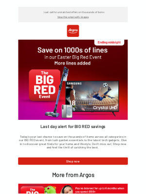 Argos (United Kingdom) - Final opportunity to save on everything. BIG RED event is ending ⌛