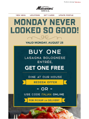 Romano's Macaroni Grill - 🍝 Buy One Lasagna Bolognese, Get One FREE!