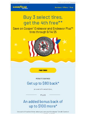 Goodyear Auto Service - Buy 3 get one free on select tires, Valued Customer