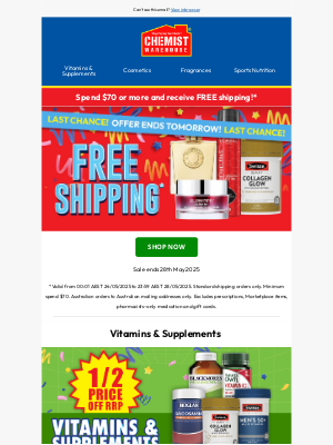 Free shipping on orders over $70* ends tomorrow!
