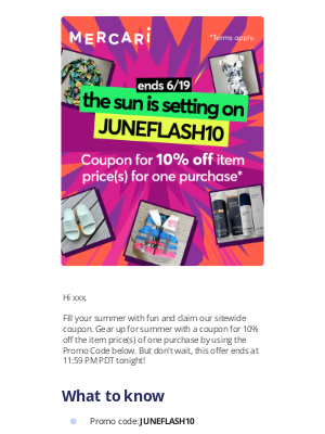 Mercari - Use JUNEFLASH10 for a coupon for 10% off item price(s) for one purchase!*