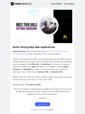 Noble Desktop - Level Up: Software Engineering Certification + Free UI Design Seminar!