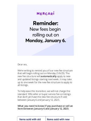 Mercari - Reminder: New fees begin on Monday, 1/6