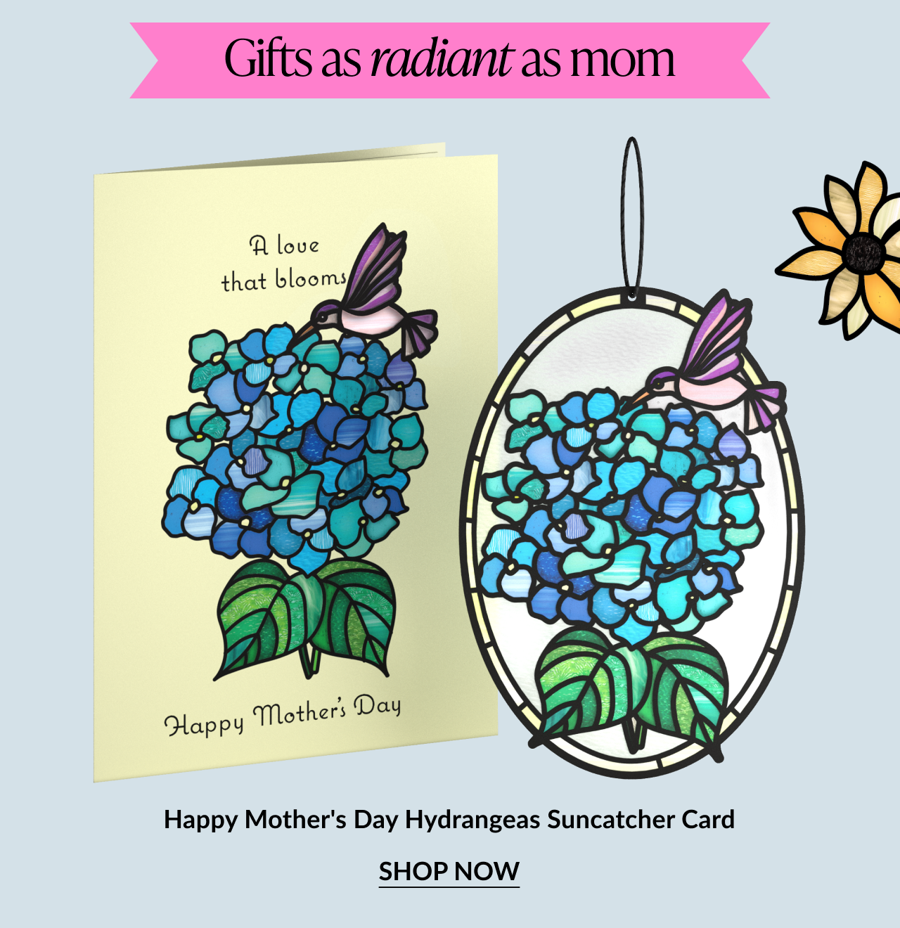 A suncatcher card featuring blue hydrangeas for mom.