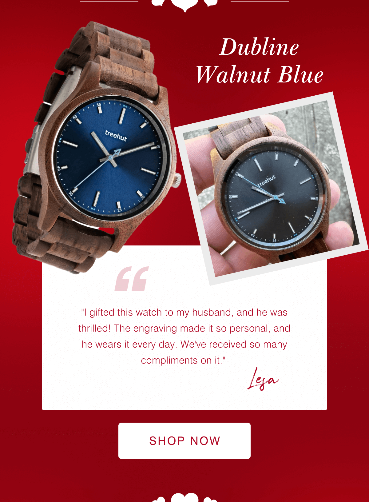 Dubline Walnut Blue - "I gifted this watch to my husband, and he was thrilled! The engraving made it so personal, and he wears it every day. We've received so many compliments on it." -  Lesa - Shop Now