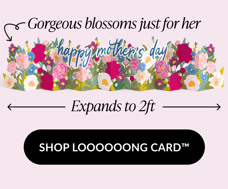 A long, accordion-style Mother's Day card featuring colorful floral illustrations and the text ''happy mother's day''. The card expands to 2 feet.