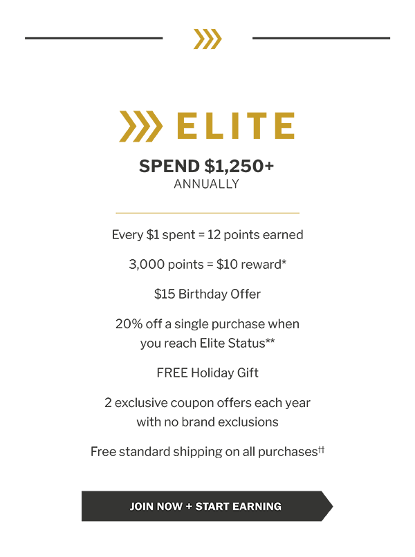 ELITE - SPEND $1,250+ - ANNUALLY - Every $1 spent = 12 points earned - 3,000 points = $10 reward* - $15 Birthday Offer - 20% off a single purchase when you reach Elite Status** - FREE Holiday Gift - 2 exclusive coupon offers each year with no brand exclusions - Free standard shipping on all purchases†† - JOIN NOW + START EARNING