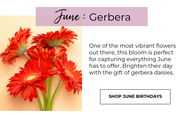 June: Gerbera. One of the most vibrant flowers out there, this bloom is perfect for capturing everything June has to offer. Brighten their day with the gift of gerbera daisies. Shop June birthdays.
