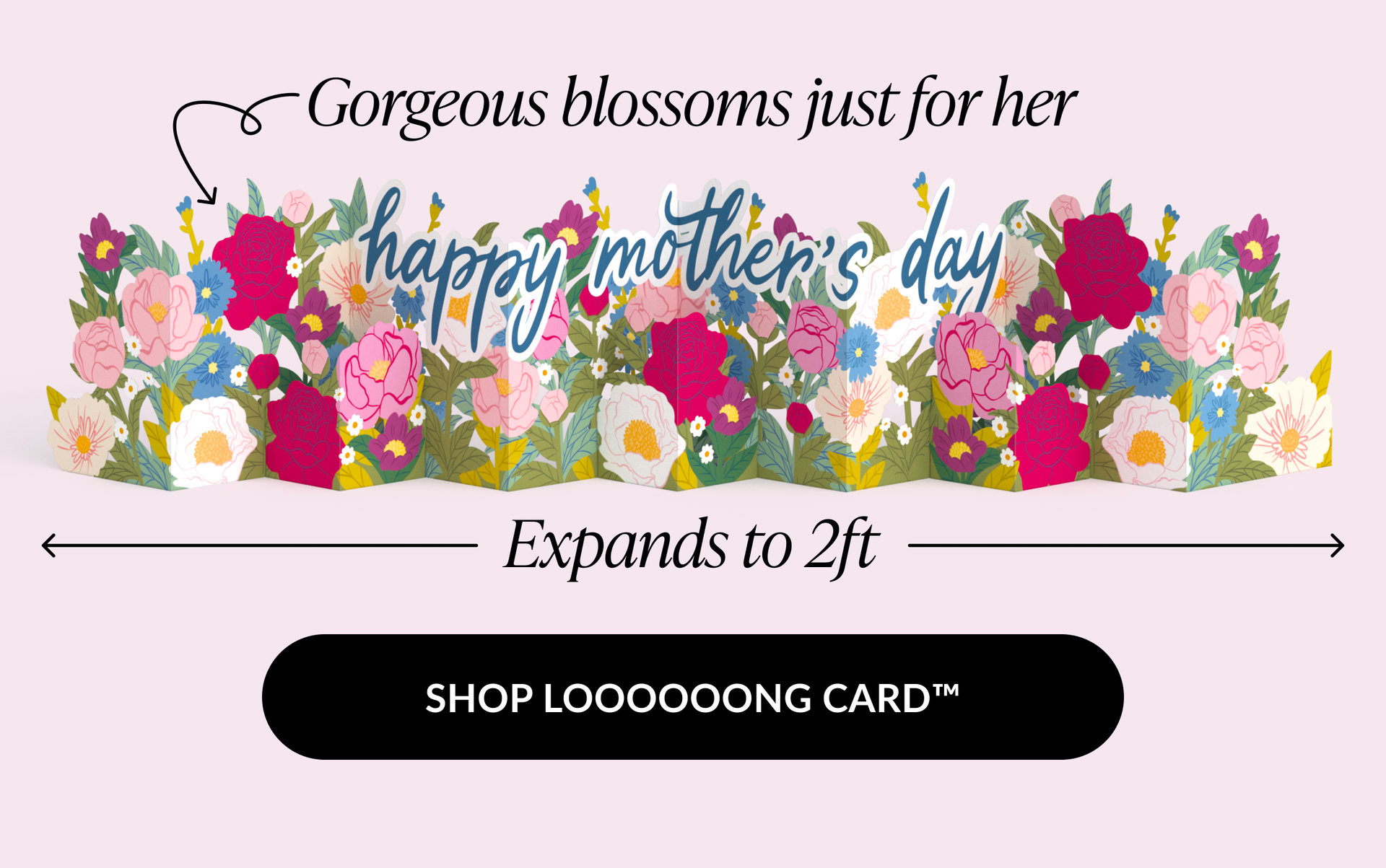 A long, accordion-style Mother's Day card featuring colorful floral illustrations and the text ''happy mother's day''. The card expands to 2 feet.