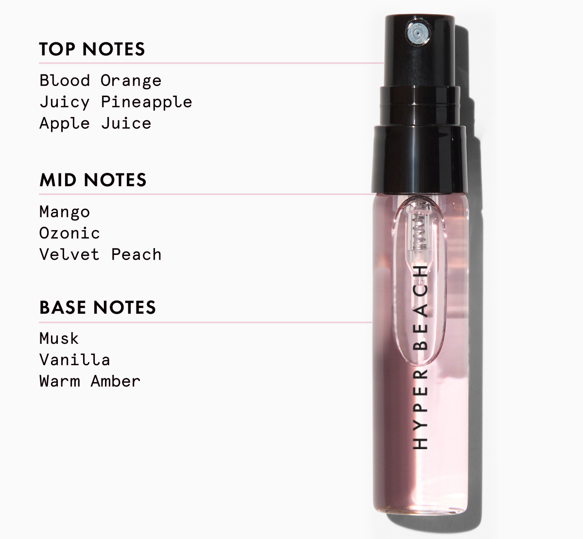 A perfume bottle labeled 'HYPER BEACH' with a soft pink liquid inside, accompanied by fragrance notes: Top notes of blood orange, juicy pineapple, and apple juice; mid notes of mango, ozonic, and velvet peach; base notes of musks, vanilla, and warm amber.