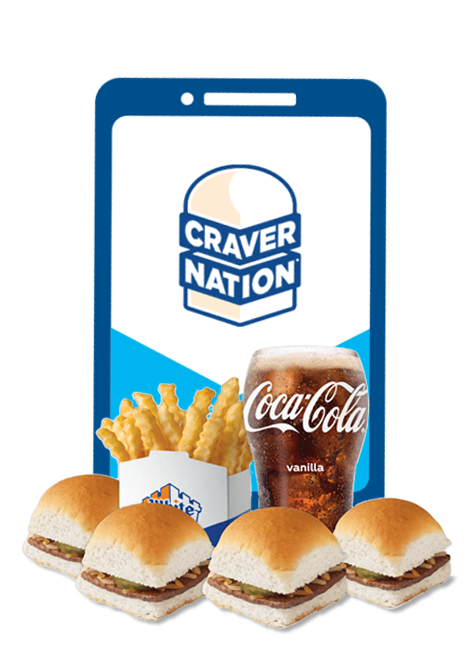 Image of Craver Nation logo, 4 sliders, french fries, and a drink. Select this link to be redirected to download the White Castle app.