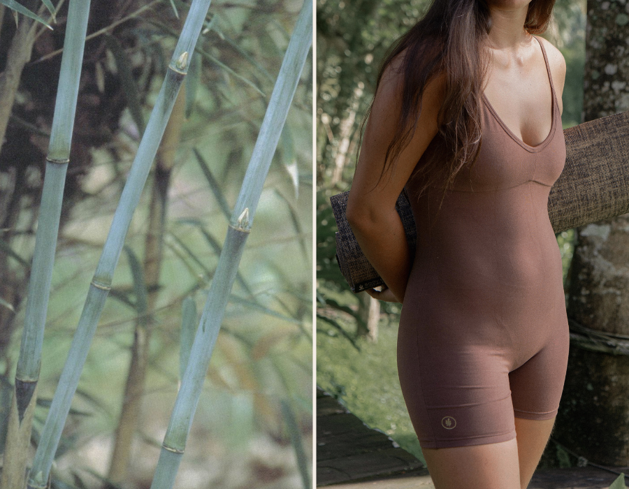 Close-up of bamboo on the left; woman in a brown unitard holding a yoga mat on the right.