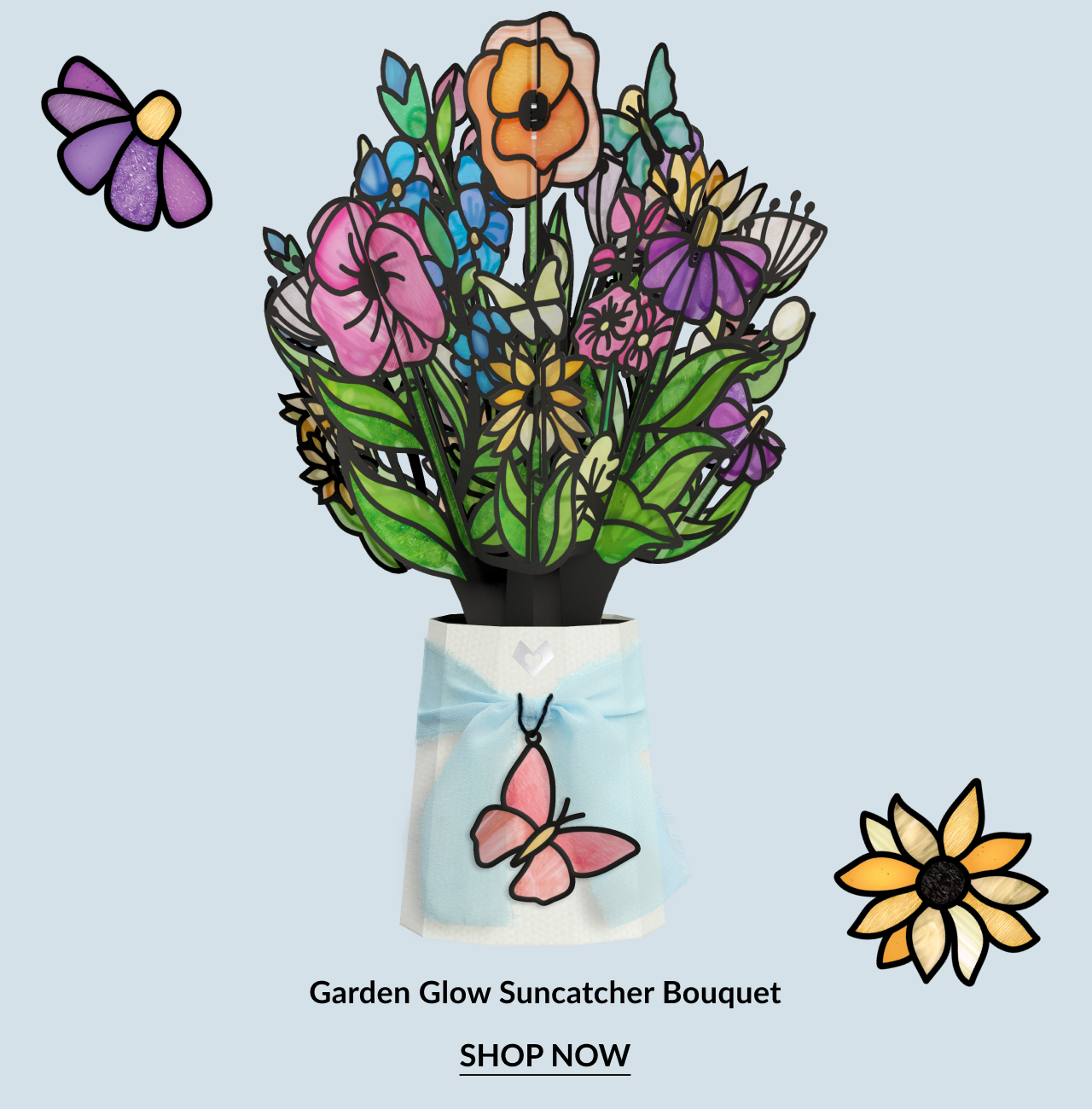 A new suncatcher bouquet featuring stained glass-like flowers for mom.