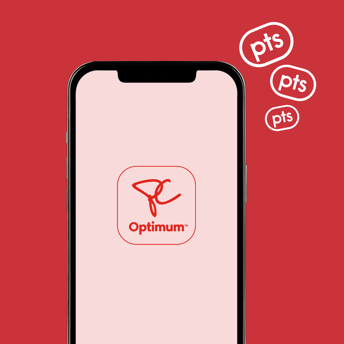 Téléphone affichant le logo PC Optimum à l'écran. L'arrière-plan est décoré de disques de points PC Optimum.