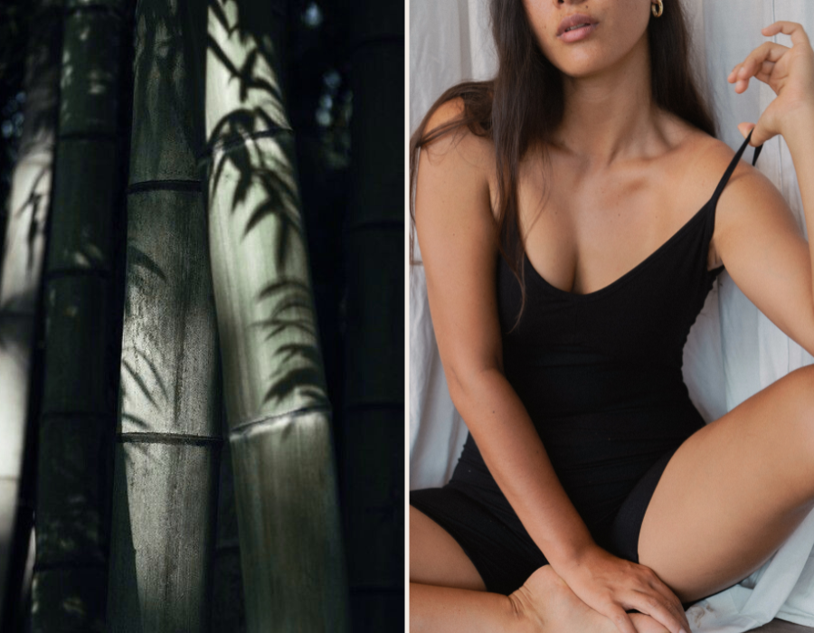 Close-up of bamboo stalks on the left; woman in a black playsuit seated with a relaxed pose on the right.