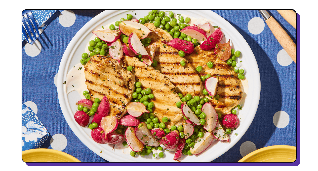 Grilled Chicken Paillard<br>with Spring Peas Roasted Radishes & Creamy Dijon