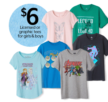 $6 Licensed or graphic tees for girls & boys