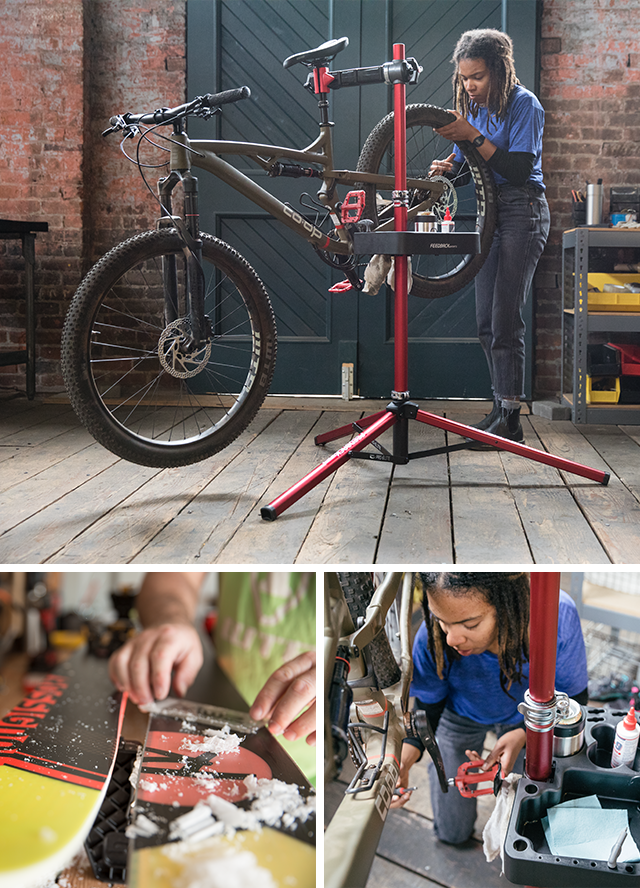 Collage of three images. Two images show different angles of a woman doing maintenance on a bike. The third image shows someone working on skis. 