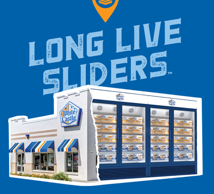 Image of a White Castle store combined with a grocery aisle freezer containing White Castle retail items. Select this link to be directed to the White Castle Website.